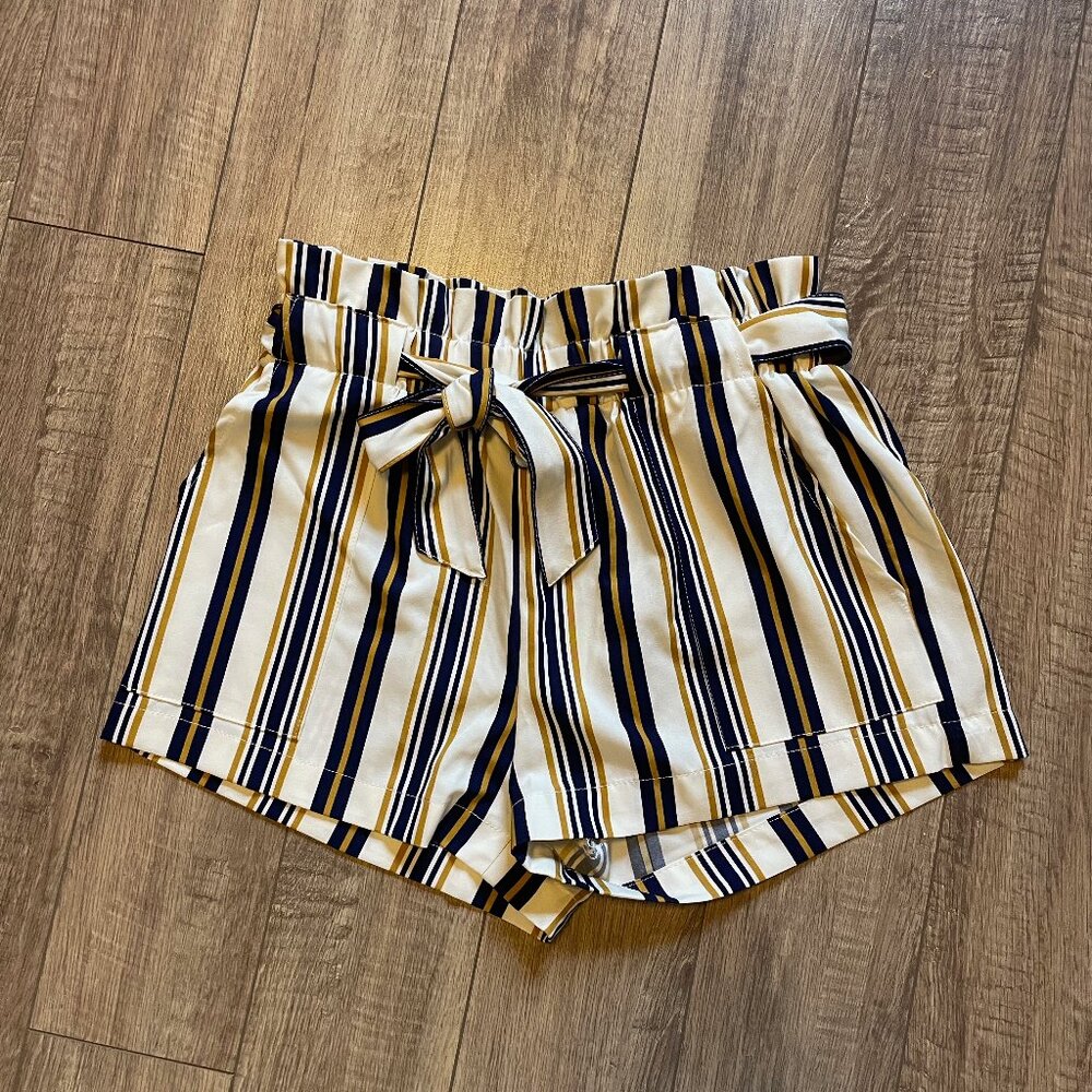 Navy, white, mustard yellow striped paperbag shorts, tie front belt & pockets